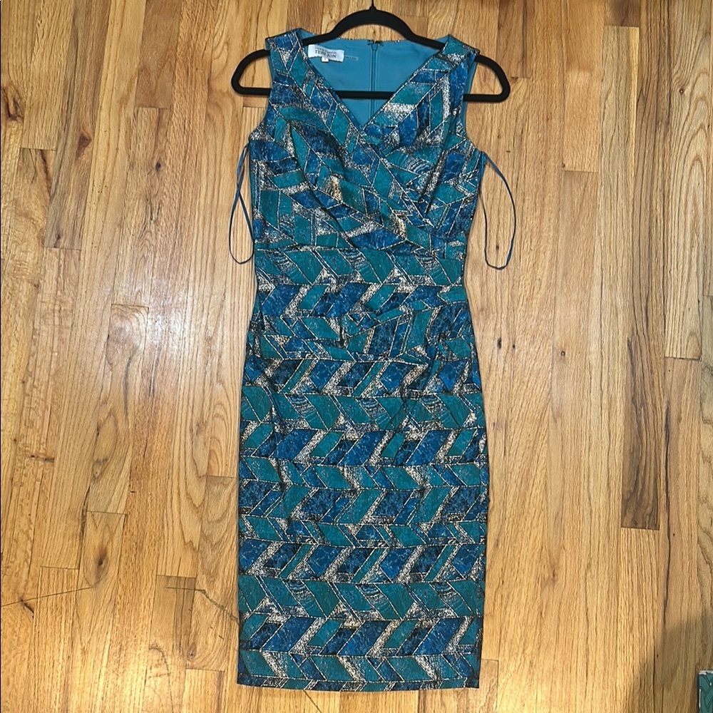 Teri Jon Teal and Gold Patterned Midi Dress